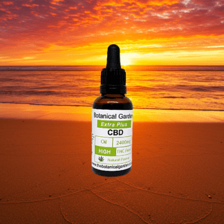 golden sand beach sunset background well being, botanical garden CBD oil 2400mg 30ml bottle