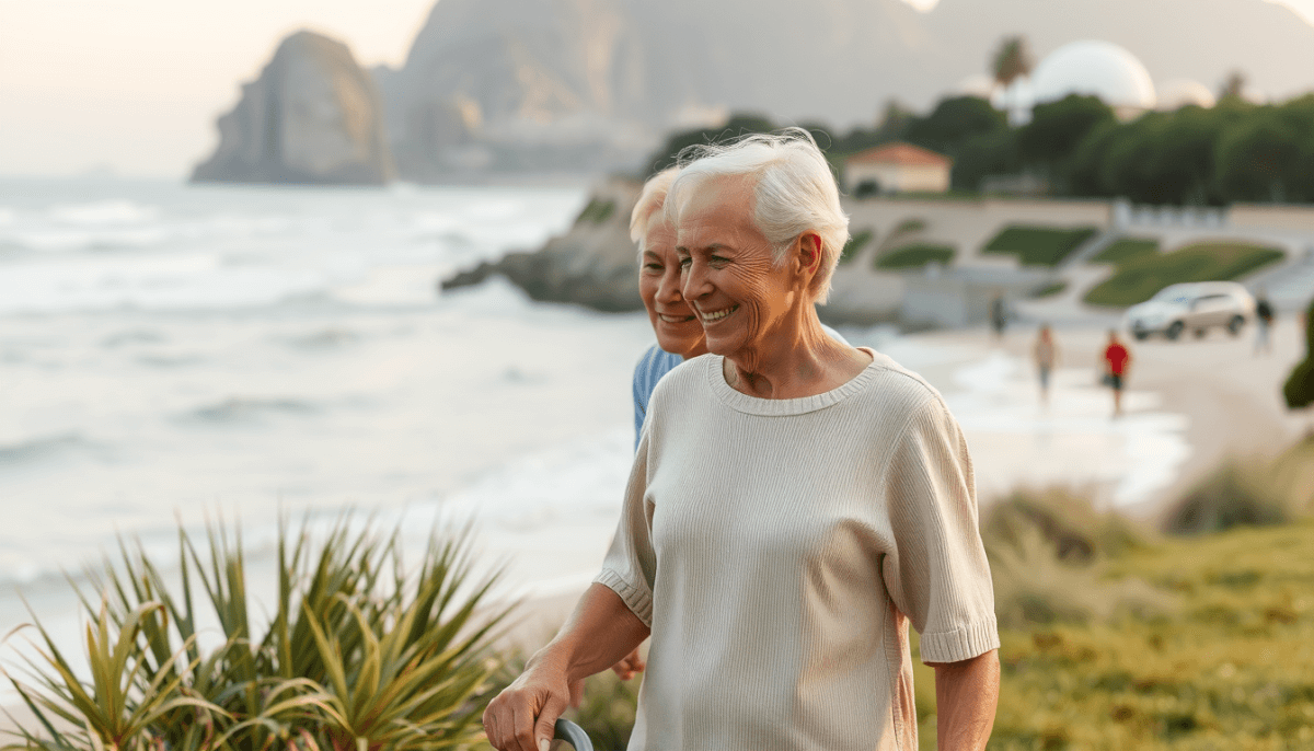 Happy elderly couple walking near the beach.